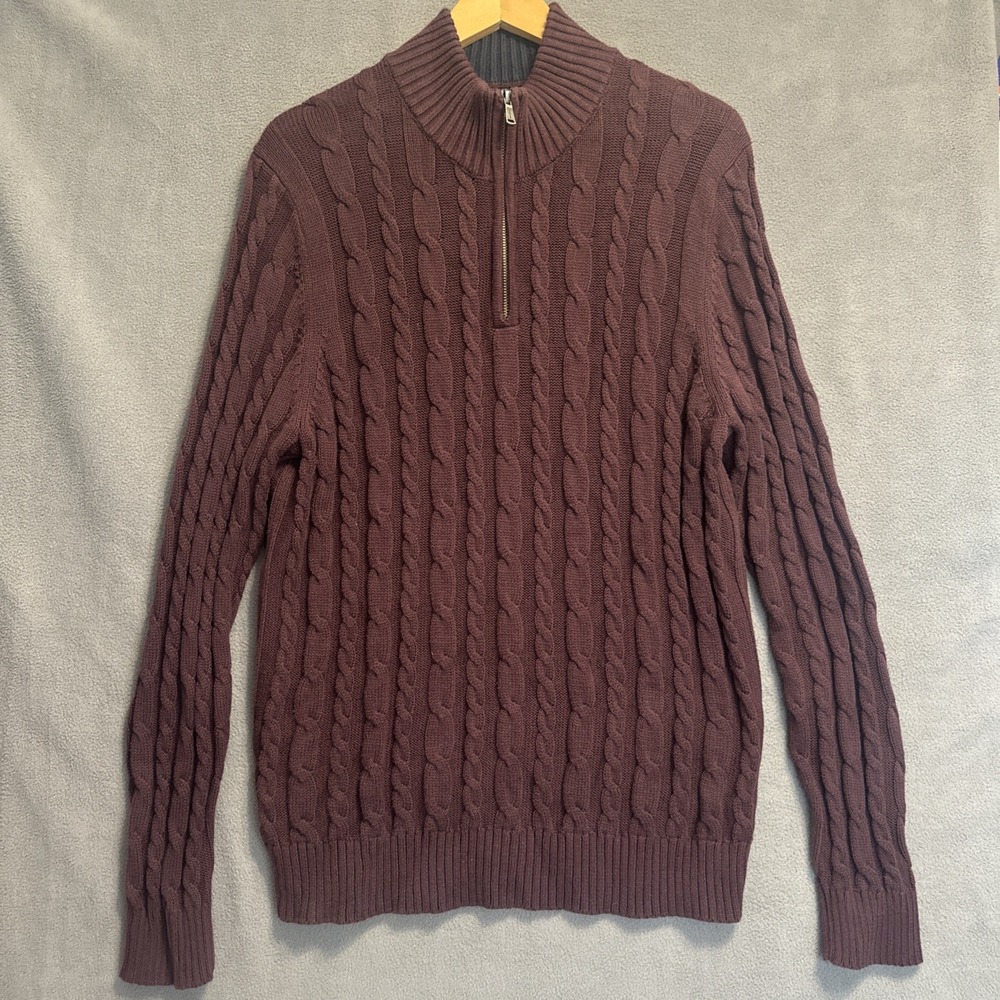 Lands End Drifter Cableβ Knit 1/4 Zip Sweater Mens Size L Burgundy Fishermen